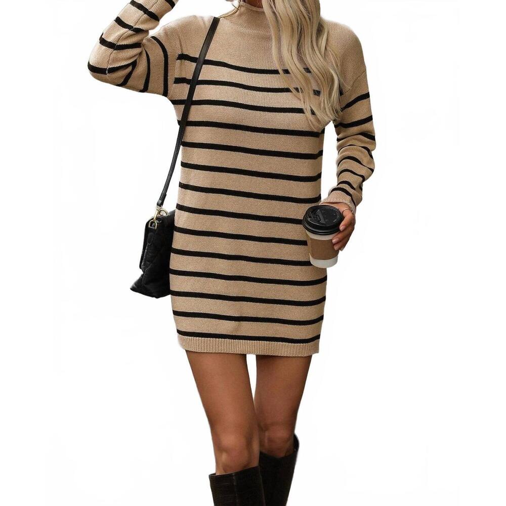 NEW LOVESOFT striped spliced knitted sweater dress in khaki - Picture 3 of 3